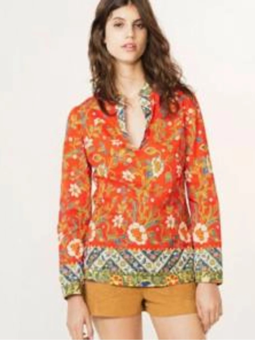 Tory Burch Orange Floral V-Neck Printed Blouse